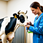**

"A veterinarian in a modern, brightly lit clinic examining a healthy, fully clothed dairy cow. The veterinarian is wearing professional attire. Background includes medical equipment and assistants. Safe for work, appropriate content, fully clothed, professional setting, perfect anatomy, natural proportions, high quality, well-formed hands, proper finger count, family-friendly."

**