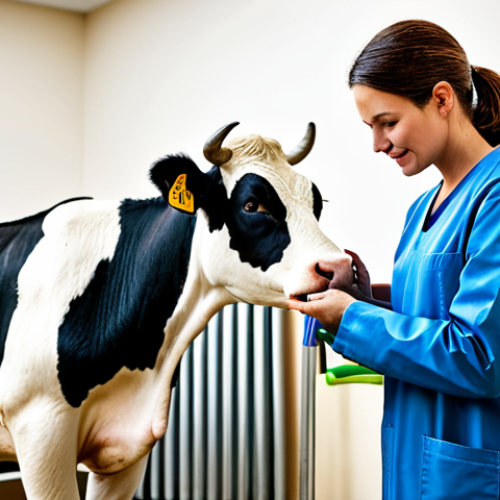 **

"A veterinarian in a modern, brightly lit clinic examining a healthy, fully clothed dairy cow. The veterinarian is wearing professional attire. Background includes medical equipment and assistants. Safe for work, appropriate content, fully clothed, professional setting, perfect anatomy, natural proportions, high quality, well-formed hands, proper finger count, family-friendly."

**
