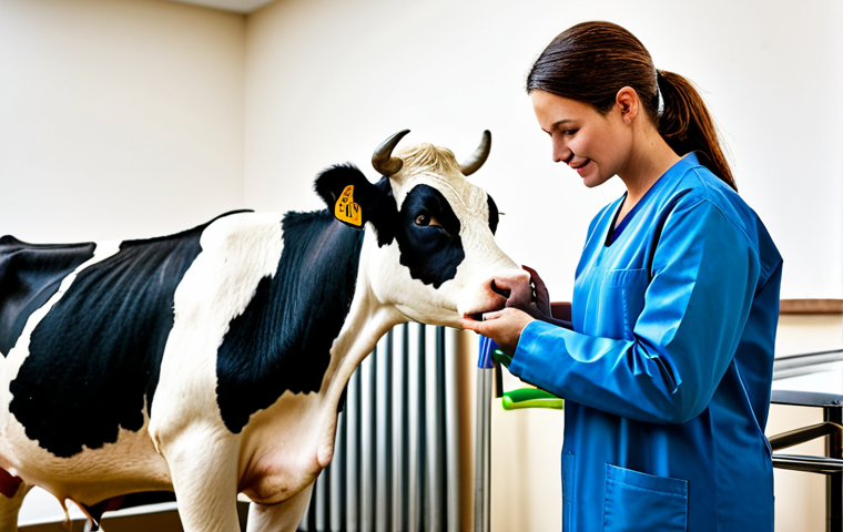 **
"A veterinarian in a modern, brightly lit clinic examining a healthy, fully clothed dairy cow. The veterinarian is wearing professional attire. Background includes medical equipment and assistants. Safe for work, appropriate content, fully clothed, professional setting, perfect anatomy, natural proportions, high quality, well-formed hands, proper finger count, family-friendly."
**