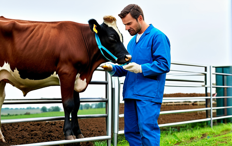 **
A highly skilled veterinarian, fully clothed in professional medical attire, carefully examining a cow on a modern dairy farm. The scene includes advanced diagnostic equipment and emphasizes animal welfare and responsible farming practices. Safe for work, appropriate content, professional setting, perfect anatomy, natural proportions.
**