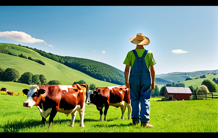 축산업 현장 실습 이야기 - Rustic Farm Life**
"A young farmhand tending to cows in a sun-drenched pasture, fully clothed in ov...