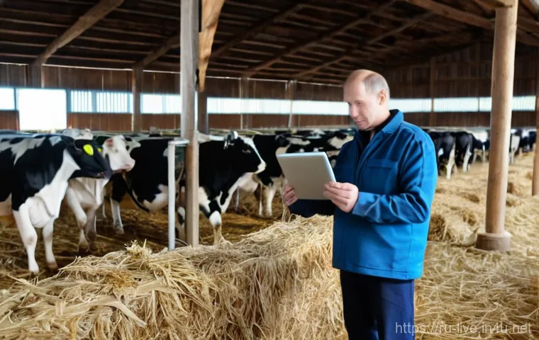 축산업 자격증 종류 비교 - **Prompt 1: A Diligent Farmer Ensuring Compliance**
    A wide shot of a middle-aged male Russian fa...
