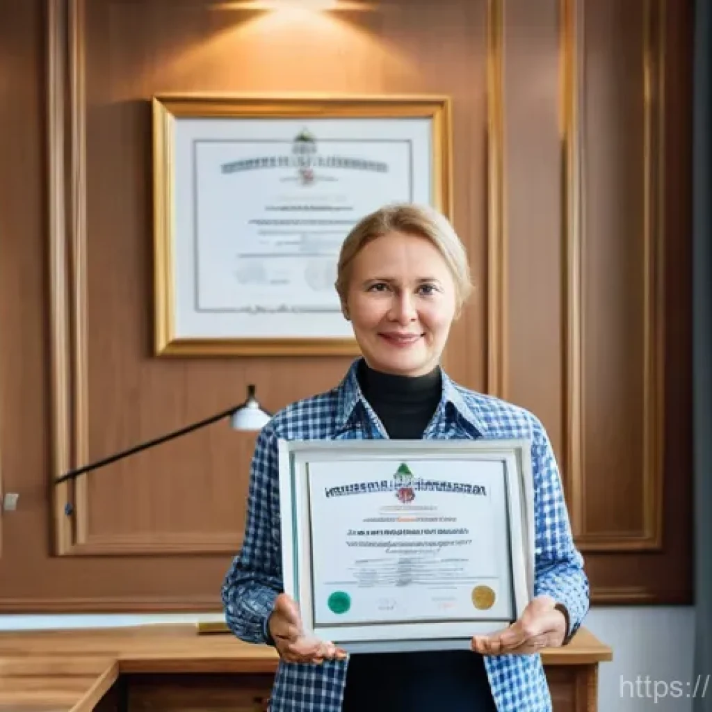 축산업 자격증 필요성 논의 - **Prompt:** A proud, middle-aged Russian female farmer in her clean, modern farm office. She stands ...