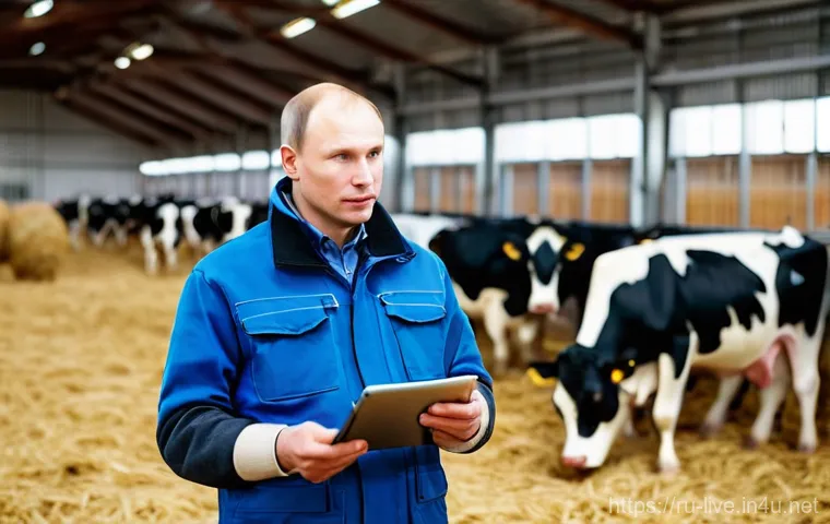 축산업 자격증 필요성 논의 - **Prompt:** A proud, middle-aged Russian female farmer in her clean, modern farm office. She stands ...