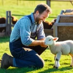 축산업 학습 동기 부여 팁 - A heartwarming scene on a sun-drenched farm. A kind-faced farmer, in their 30s-40s, with a gentle sm...