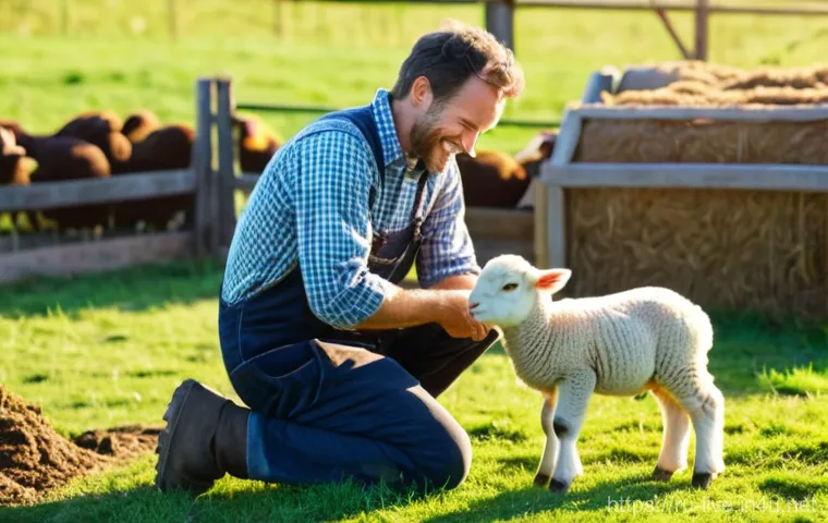 축산업 학습 동기 부여 팁 - A heartwarming scene on a sun-drenched farm. A kind-faced farmer, in their 30s-40s, with a gentle sm...