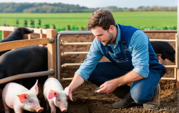 축산업 학습 동기 부여 팁 - A heartwarming scene on a sun-drenched farm. A kind-faced farmer, in their 30s-40s, with a gentle sm...