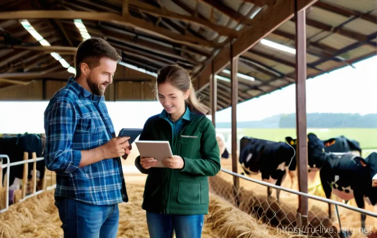 축산업 학습 동기 부여 팁 - A focused and determined farmer, perhaps in their late 20s or early 30s, is carefully inspecting a y...