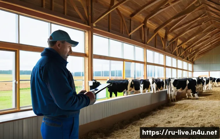 축산업 실무 경험담 - **Prompt 1: Future Farm Monitoring**
    A realistic, well-lit image of a modern Russian dairy farm ...