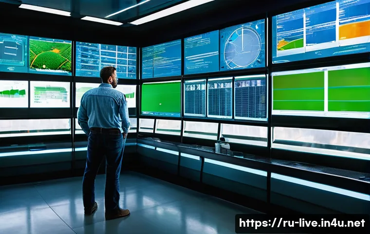 축산업 실습 장비 사용법 - **Prompt:** A wide-angle shot of a futuristic, pristine farm control room bathed in soft, natural li...