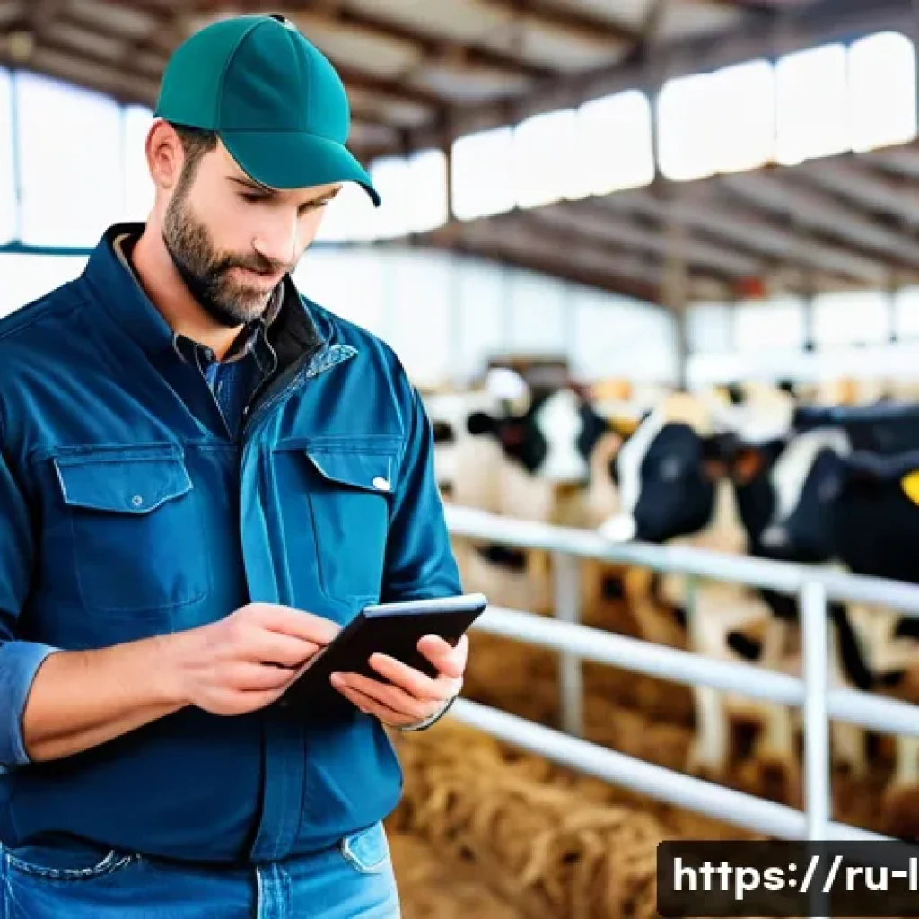 축산업 현장 소통 기술 - A modern dairy farm scene showing a farmer using a smartphone app to monitor the health of cows in a...