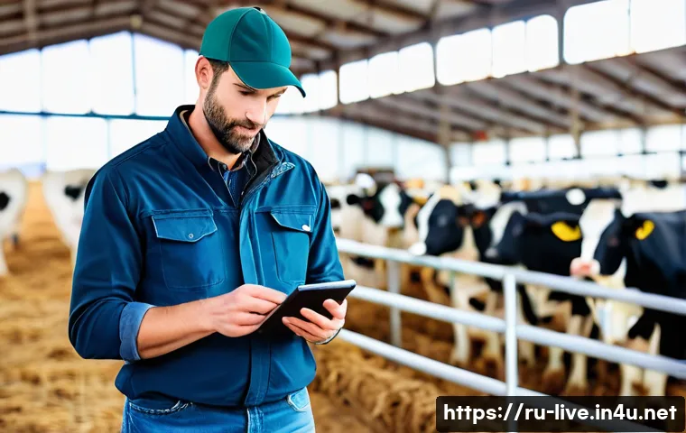 축산업 현장 소통 기술 - A modern dairy farm scene showing a farmer using a smartphone app to monitor the health of cows in a...