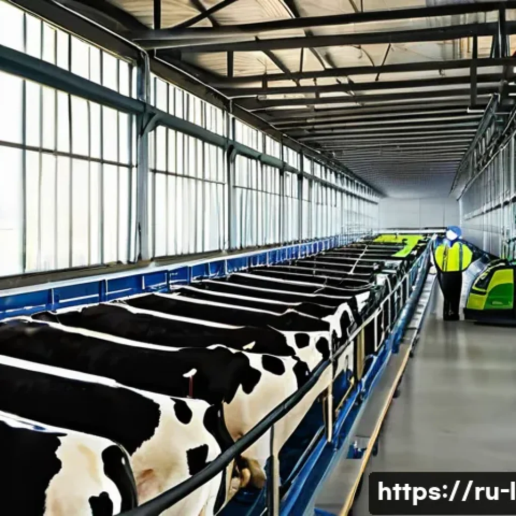 축산업 환경 개선 성공 사례 - A modern dairy farm in rural Russia featuring automated feeding systems with precise feed dispensers...