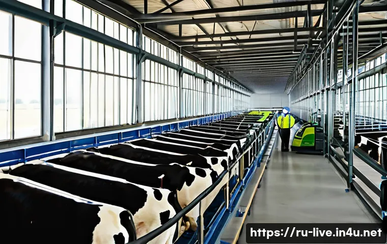 축산업 환경 개선 성공 사례 - A modern dairy farm in rural Russia featuring automated feeding systems with precise feed dispensers...