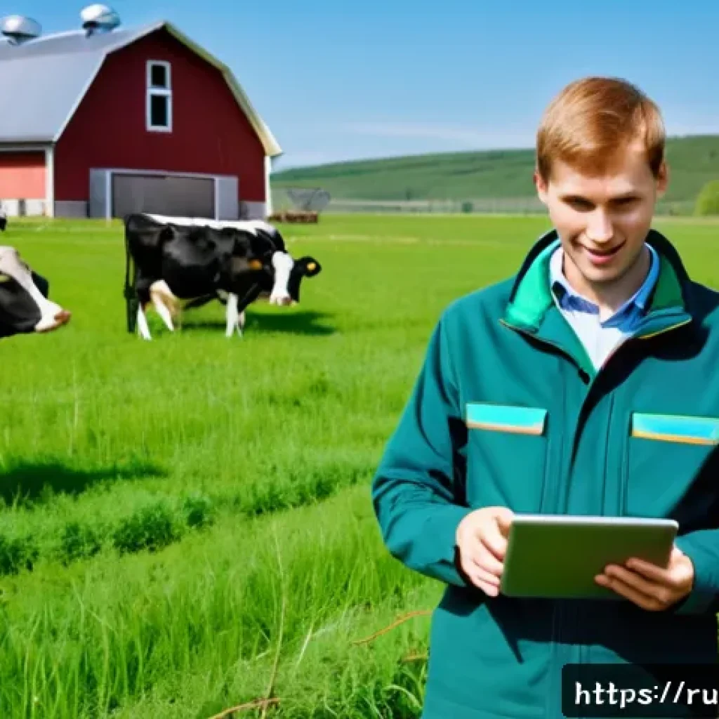 축산업 정부 규제와 정책 변화 - A modern small-scale Russian livestock farm scene during springtime, featuring a young male farmer w...