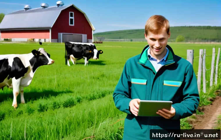 축산업 정부 규제와 정책 변화 - A modern small-scale Russian livestock farm scene during springtime, featuring a young male farmer w...