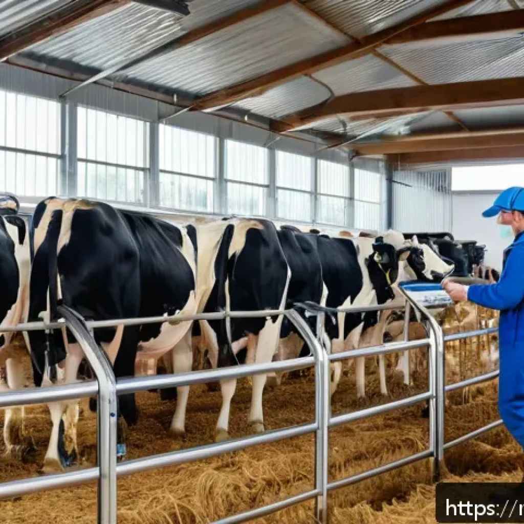 축산업 이직 성공 후 연봉 변화 - A modern dairy cattle farm scene showing an experienced livestock specialist operating automated mil...