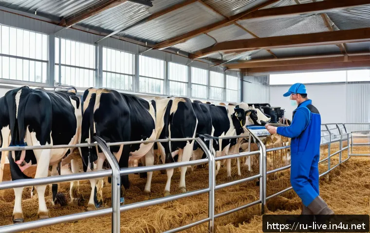 축산업 이직 성공 후 연봉 변화 - A modern dairy cattle farm scene showing an experienced livestock specialist operating automated mil...