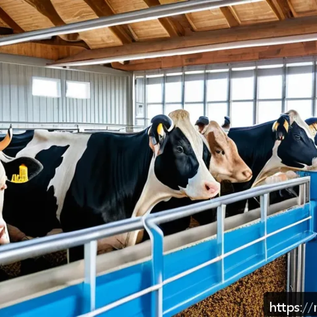 축산업 심화 학습 가이드 - A modern dairy farm interior featuring automated feeding stations with programmable dosing systems, ...