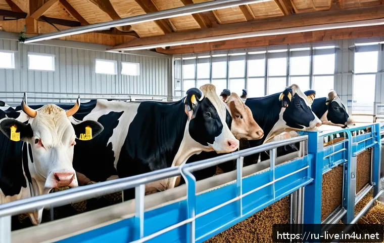 축산업 심화 학습 가이드 - A modern dairy farm interior featuring automated feeding stations with programmable dosing systems, ...