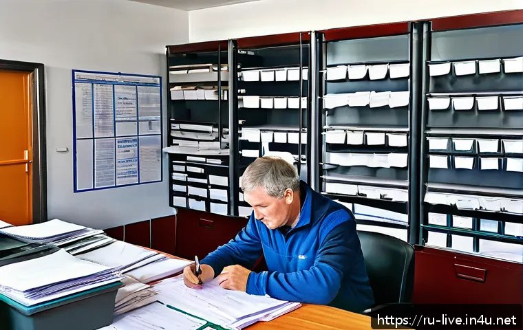 축산업 자격증 갱신 방법 - A modern agricultural office scene in Russia, showing a middle-aged farmer carefully organizing docu...