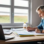축산업 재무 계획 세우기 - A detailed farm office scene showing a middle-aged Russian livestock farmer analyzing financial docu...