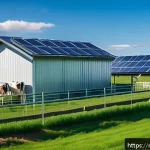 축산업 사료 제조 기술 - A modern livestock farm scene showcasing automated feeding systems integrated with IoT technology: s...