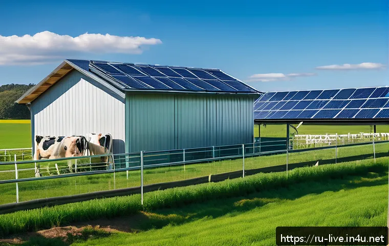축산업 사료 제조 기술 - A modern livestock farm scene showcasing automated feeding systems integrated with IoT technology: s...