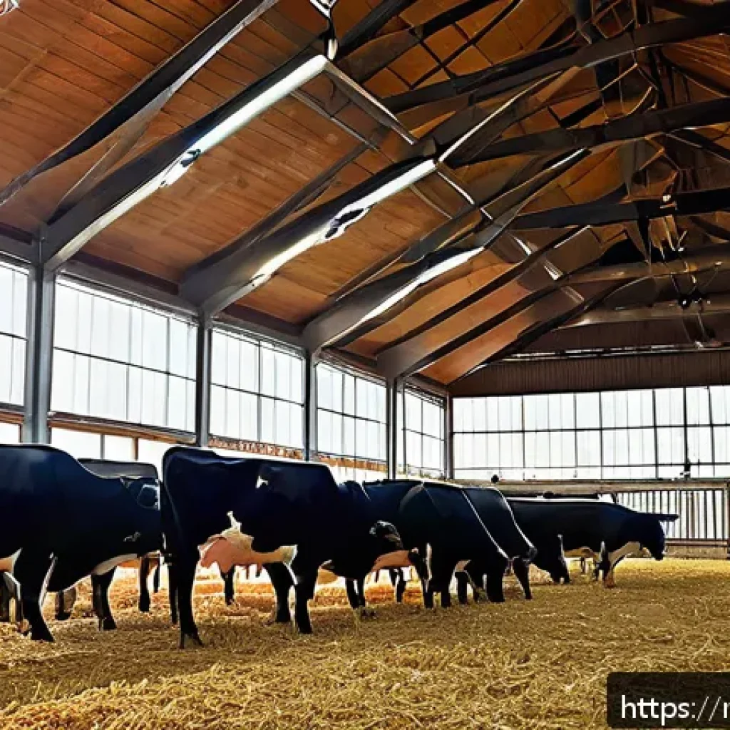 축산업 동물 복지와 윤리 - A modern Russian farm scene showcasing spacious, well-ventilated barns with natural lighting, featur...