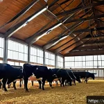 축산업 동물 복지와 윤리 - A modern Russian farm scene showcasing spacious, well-ventilated barns with natural lighting, featur...