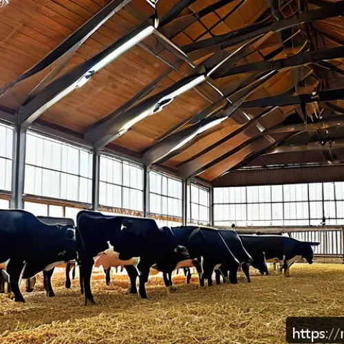 축산업 동물 복지와 윤리 - A modern Russian farm scene showcasing spacious, well-ventilated barns with natural lighting, featur...