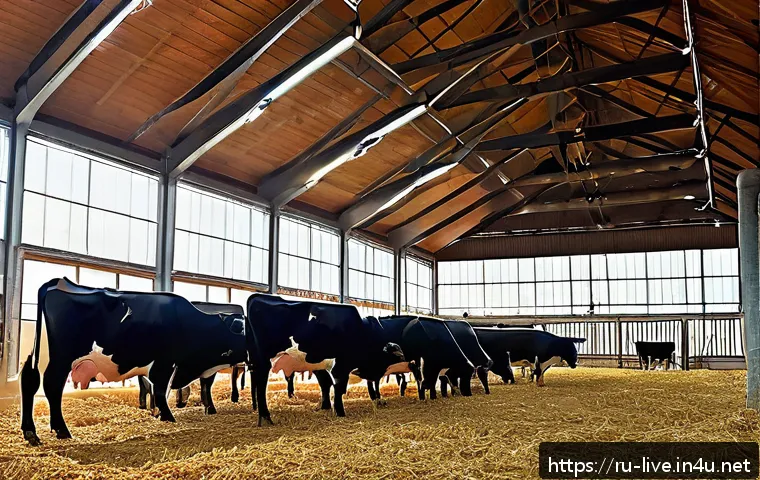 축산업 동물 복지와 윤리 - A modern Russian farm scene showcasing spacious, well-ventilated barns with natural lighting, featur...