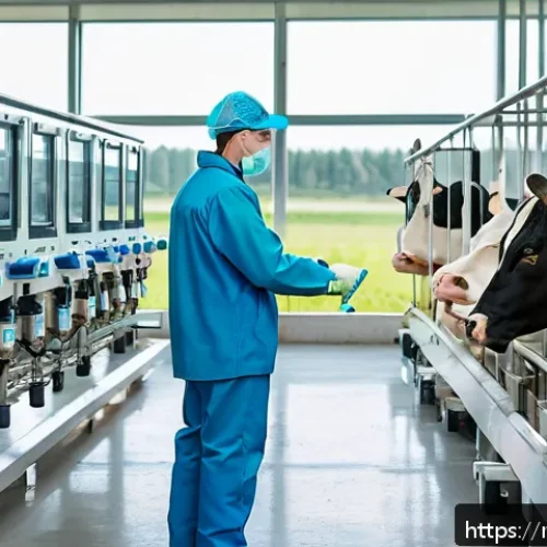 축산업 종사자 연봉 분석 - A modern Russian dairy farm interior with advanced automated milking machines, showing workers in cl...