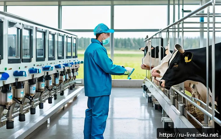 축산업 종사자 연봉 분석 - A modern Russian dairy farm interior with advanced automated milking machines, showing workers in cl...