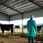 축산업 대규모 농장 운영법 - A large modern livestock farm scene during daytime, showing a veterinarian in protective clothing co...