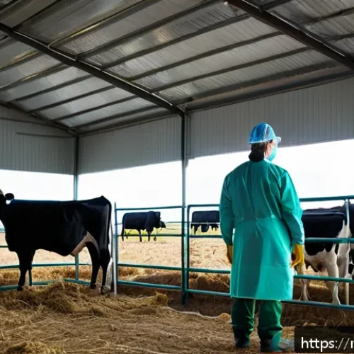 축산업 대규모 농장 운영법 - A large modern livestock farm scene during daytime, showing a veterinarian in protective clothing co...