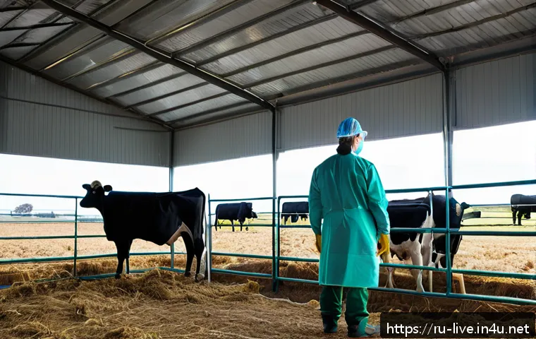 축산업 대규모 농장 운영법 - A large modern livestock farm scene during daytime, showing a veterinarian in protective clothing co...