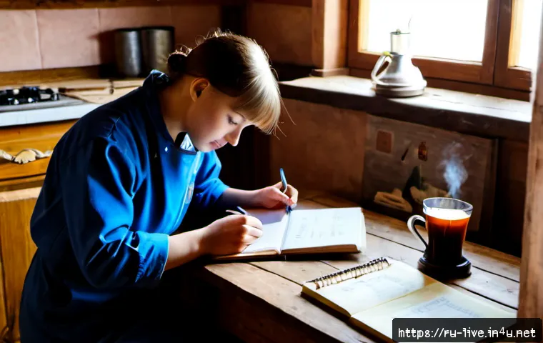 축산업 국가시험 합격 비결 - Photorealistic early-morning scene in a rural Russian farmhouse kitchen, a focused young livestock t...