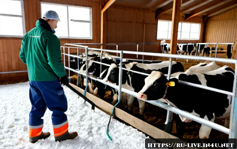 축산업 최신 기술 트렌드 - Photorealistic modern dairy farm in rural Russia, a farmer in practical insulated workwear monitorin...