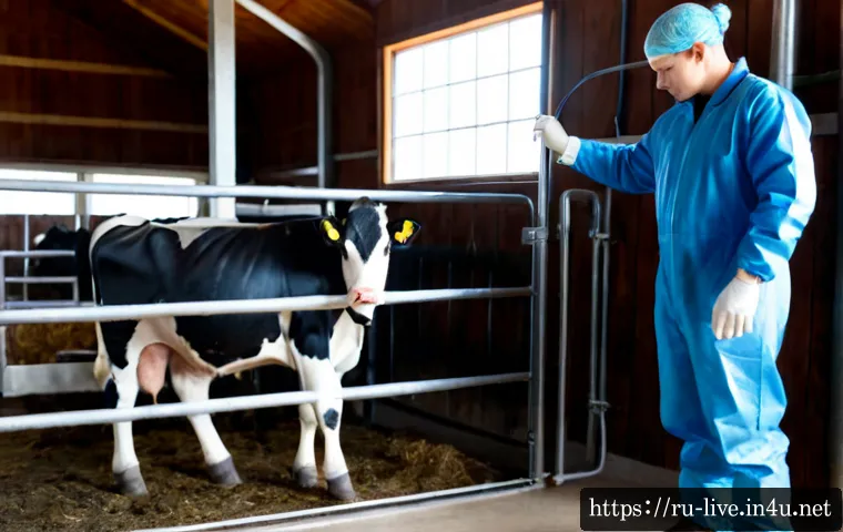 Home 17 축산업 질병 관리 방법 - Photorealistic livestock disease prevention scene on a modern Russian dairy farm, veterinarian in cl...