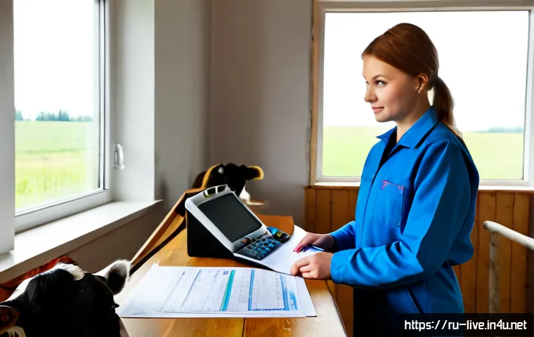 Home 17 축산업 취업 후 커리어 관리법 - Photorealistic career development scene in a modern Russian livestock farm office: a young farm prof...